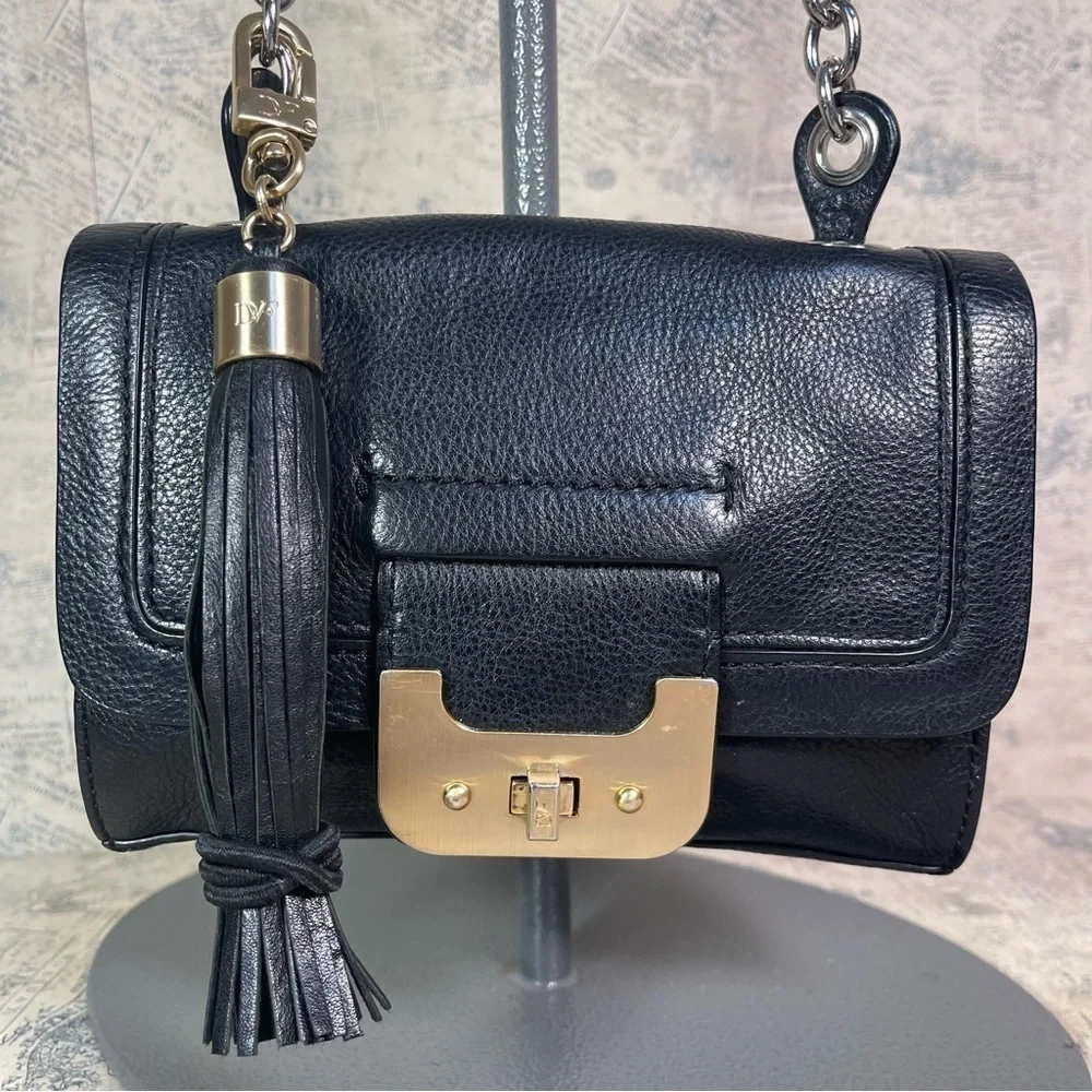 Diane von Furstenberg Mini Harper Leather Crossbody Bag Tassel Turn Lock Black